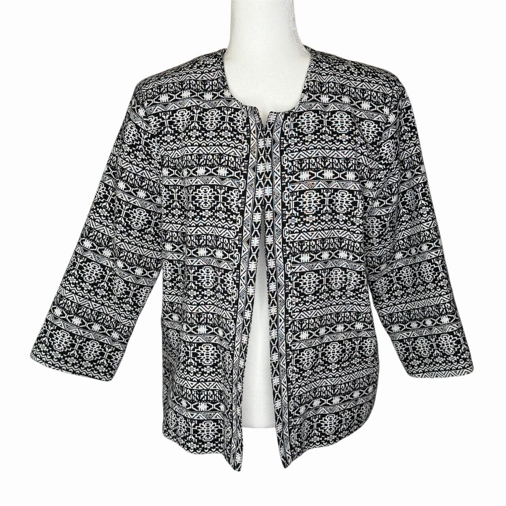 Christopher & Banks Women's XL Black and White Aztec Print Open Front Blazer Jkt
